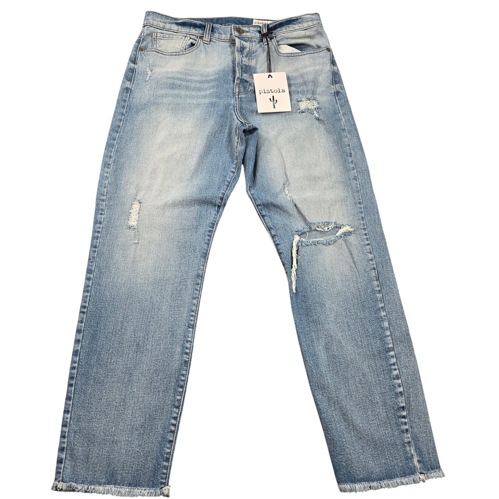 Pistola Distressed High Rise Straight Leg Jeans 29 Blue Light Wash Raw Hem